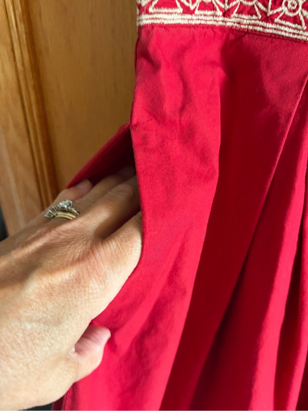 eShakti CUSTOM Red Embroidered Waist Fit-and-Flare Dress - Picture 7 of 11